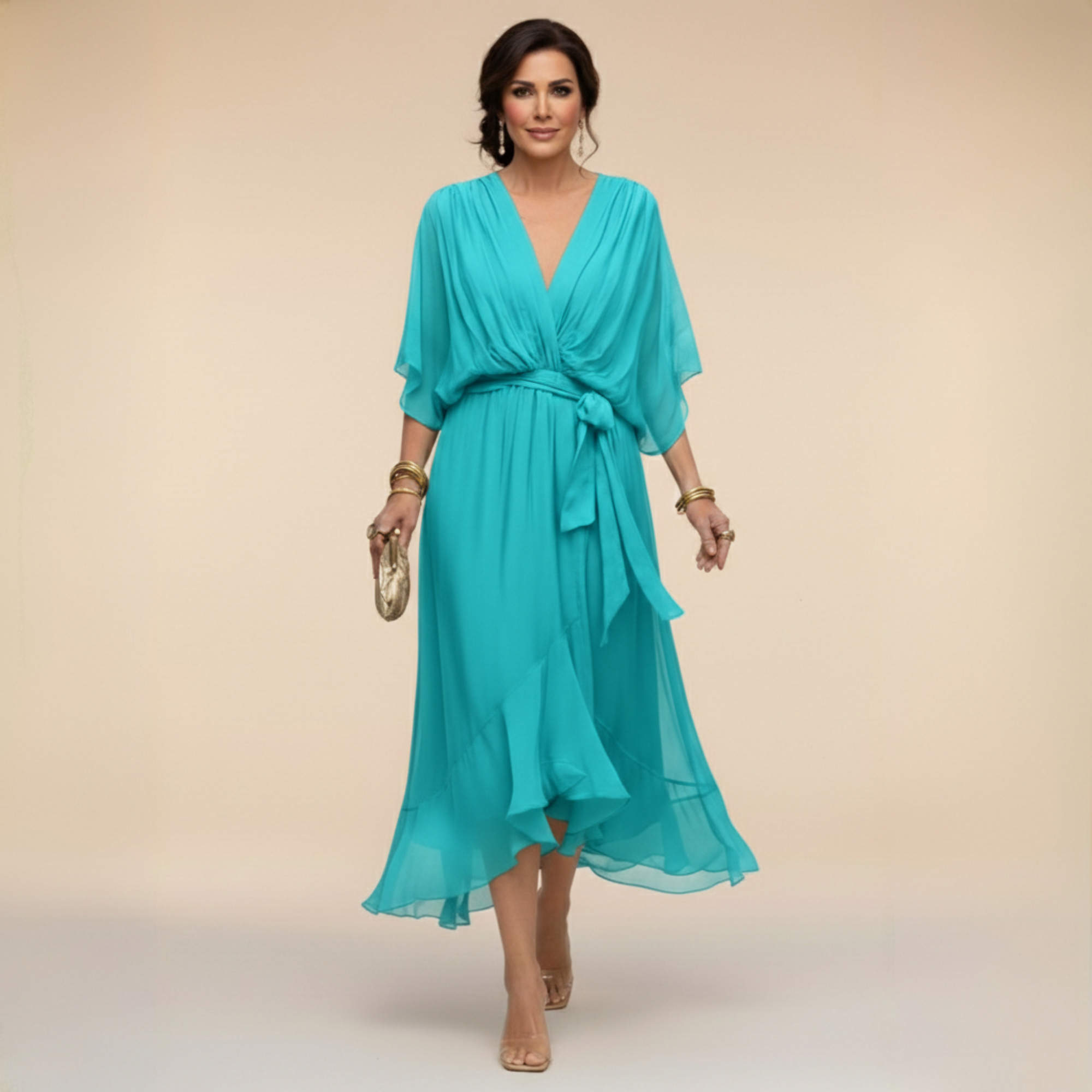 Monica Vestido de Chiffon con Escote en Forma de V