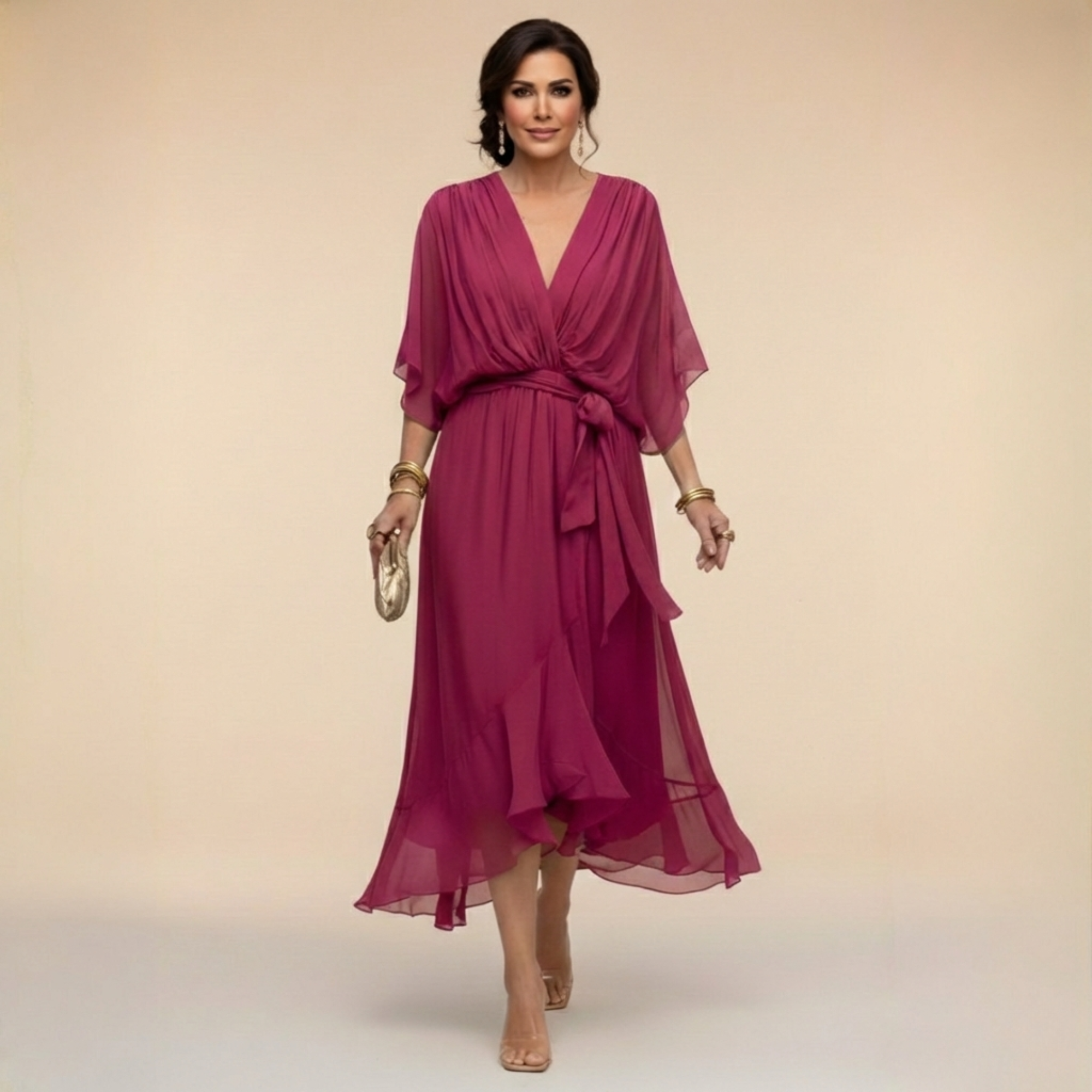 Monica Vestido de Chiffon con Escote en Forma de V
