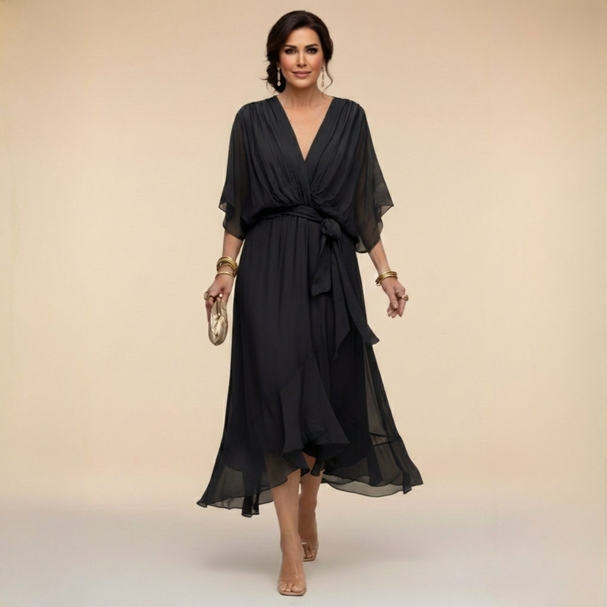 Monica Vestido de Chiffon con Escote en Forma de V