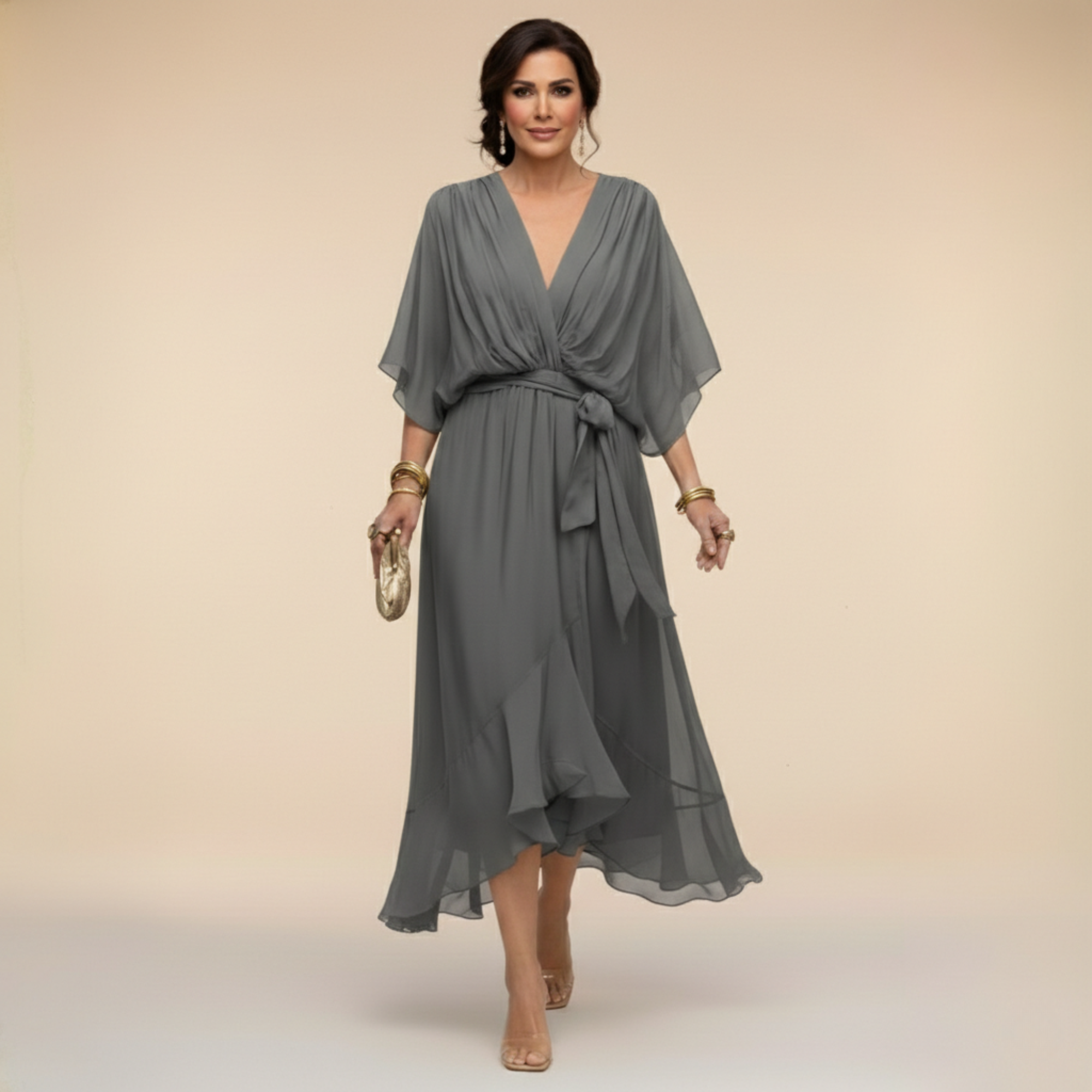 Monica Vestido de Chiffon con Escote en Forma de V
