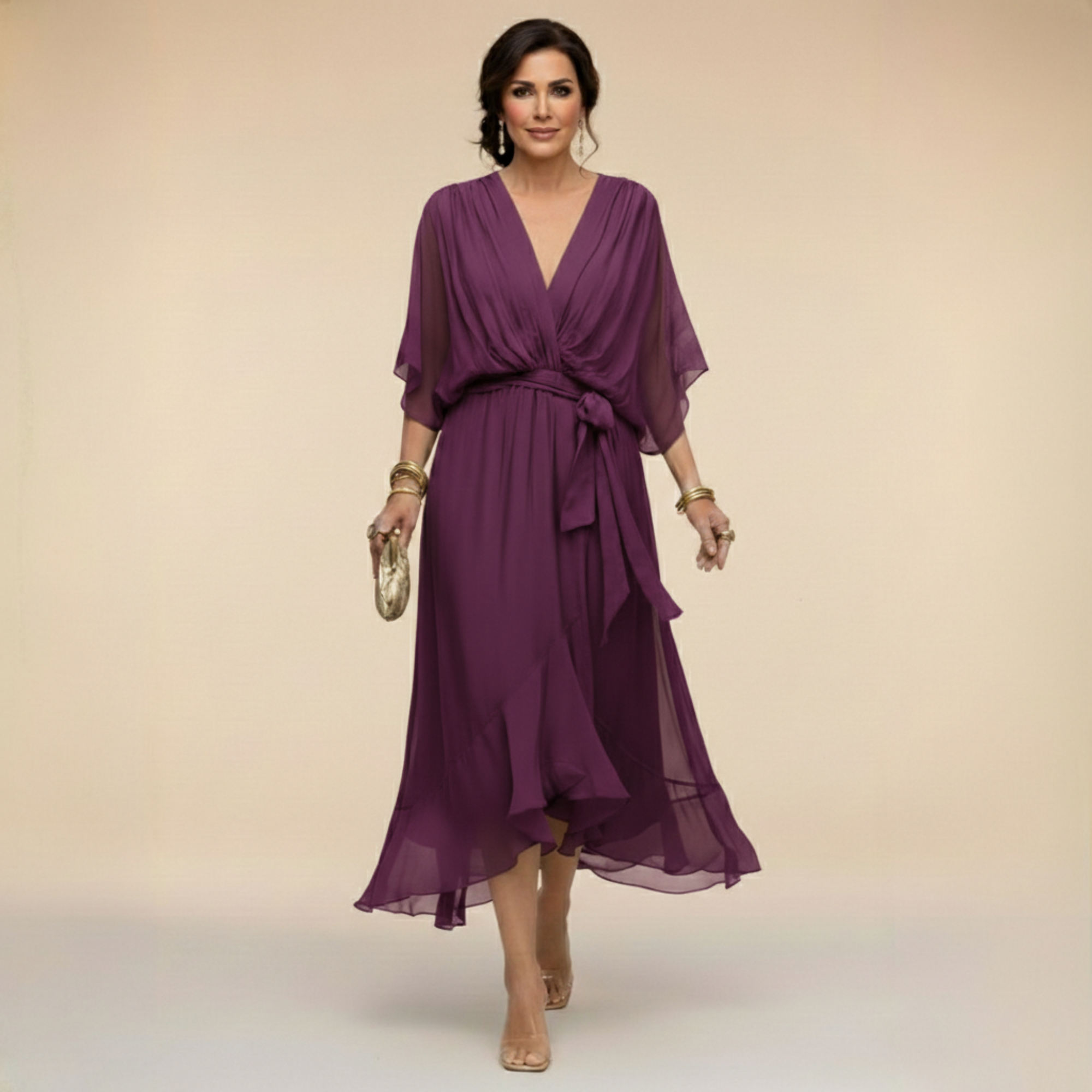 Monica Vestido de Chiffon con Escote en Forma de V