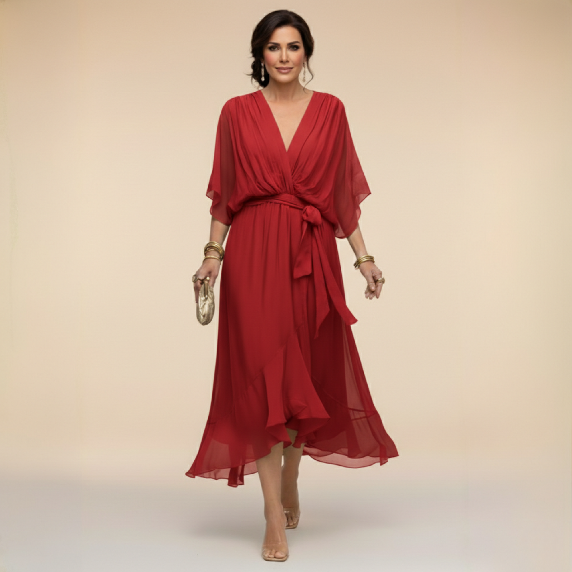 Monica Vestido de Chiffon con Escote en Forma de V