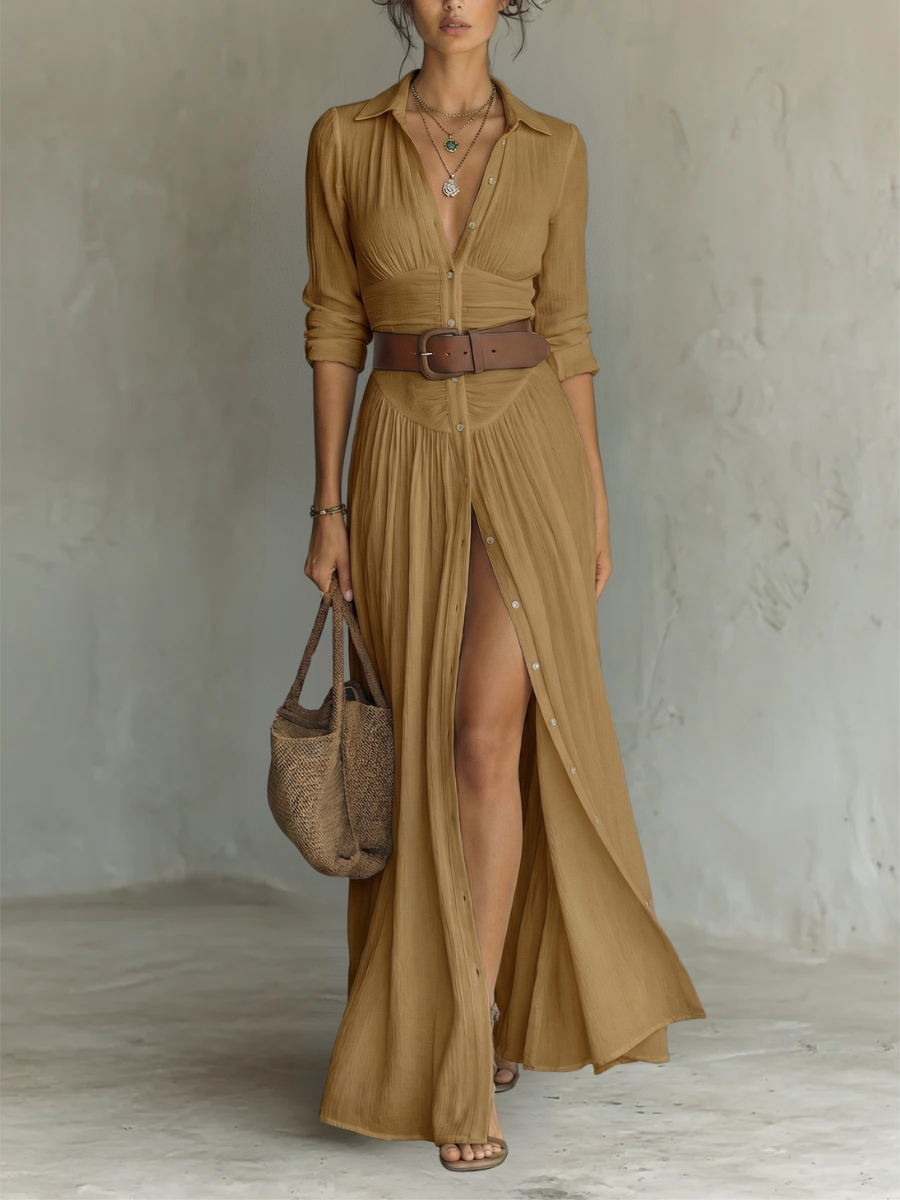 Vestido de Lino con Cuello Solapa y Mangas Largas