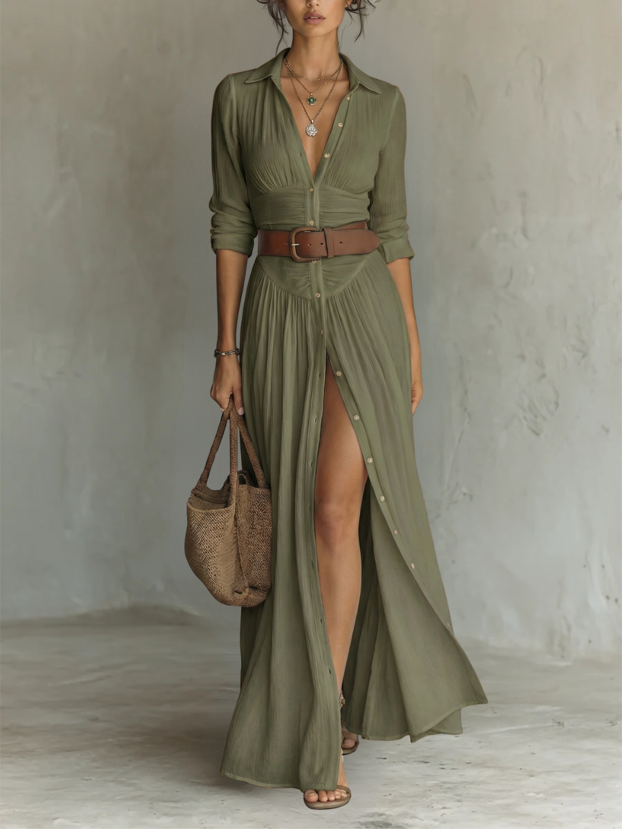 Vestido de Lino con Cuello Solapa y Mangas Largas