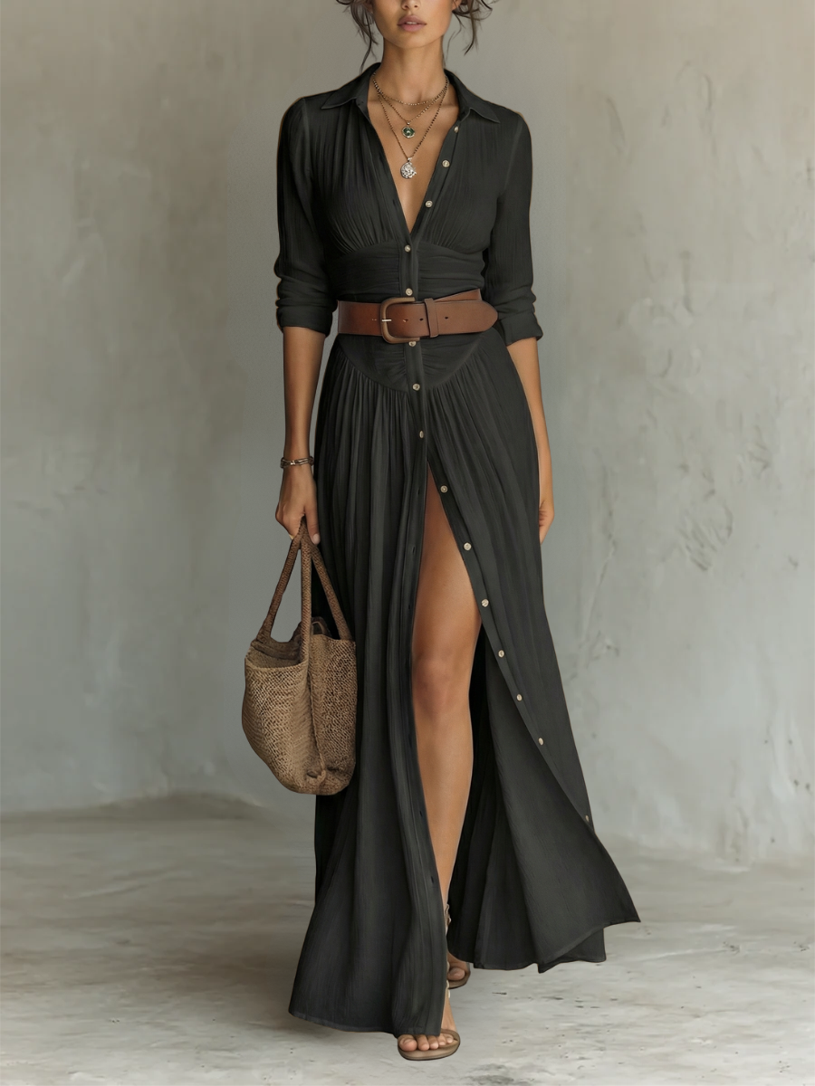 Vestido de Lino con Cuello Solapa y Mangas Largas