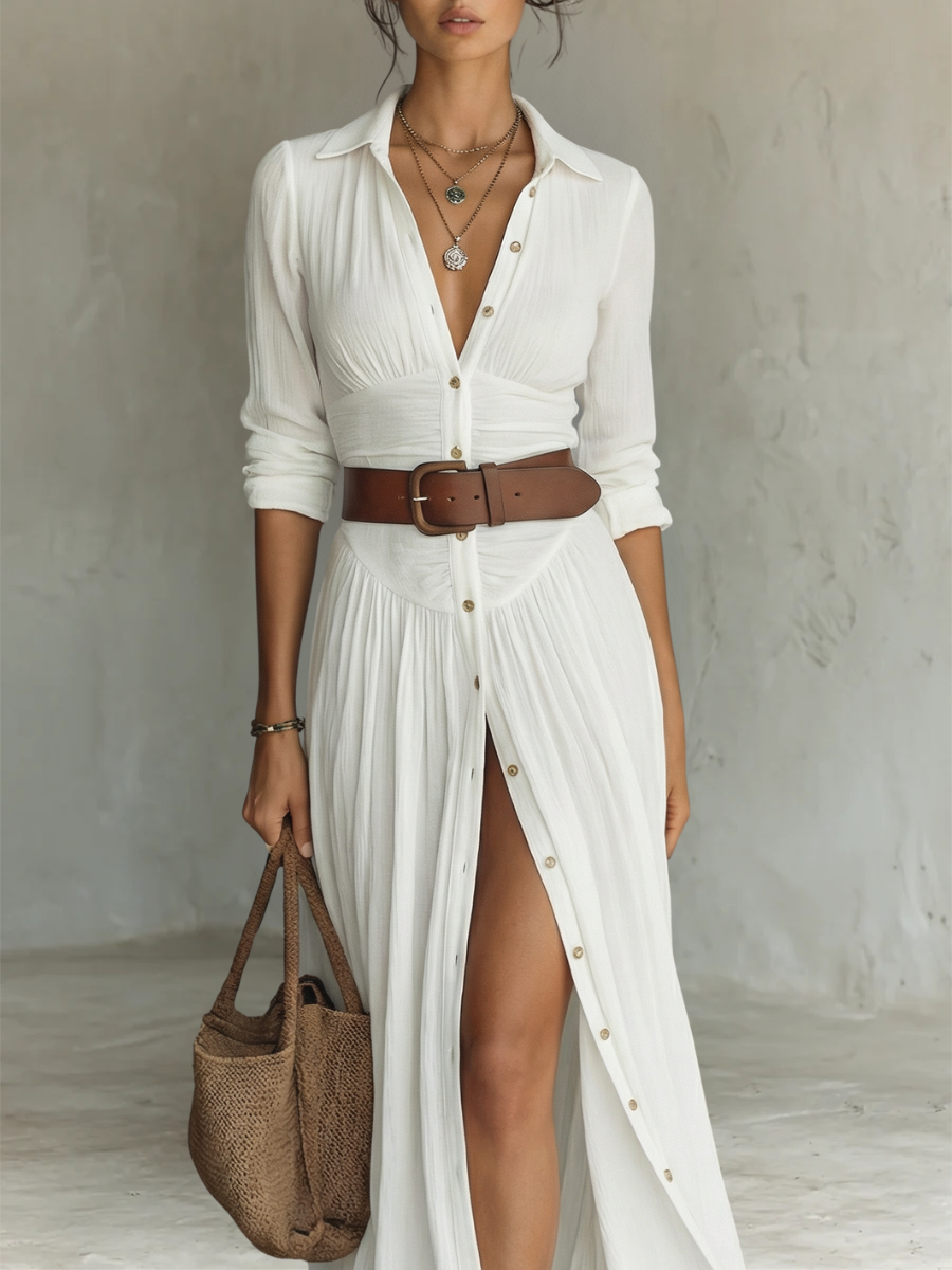 Vestido de Lino con Cuello Solapa y Mangas Largas