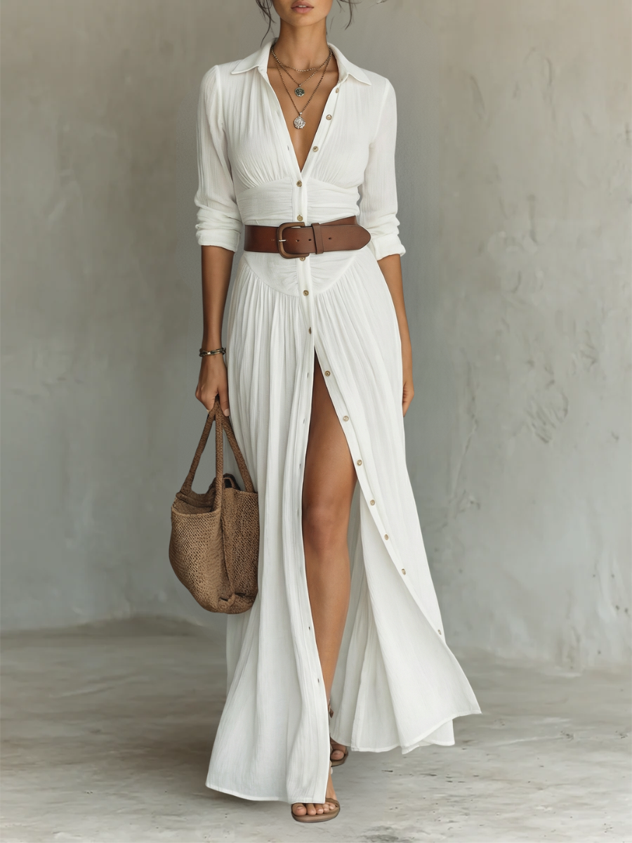 Vestido de Lino con Cuello Solapa y Mangas Largas