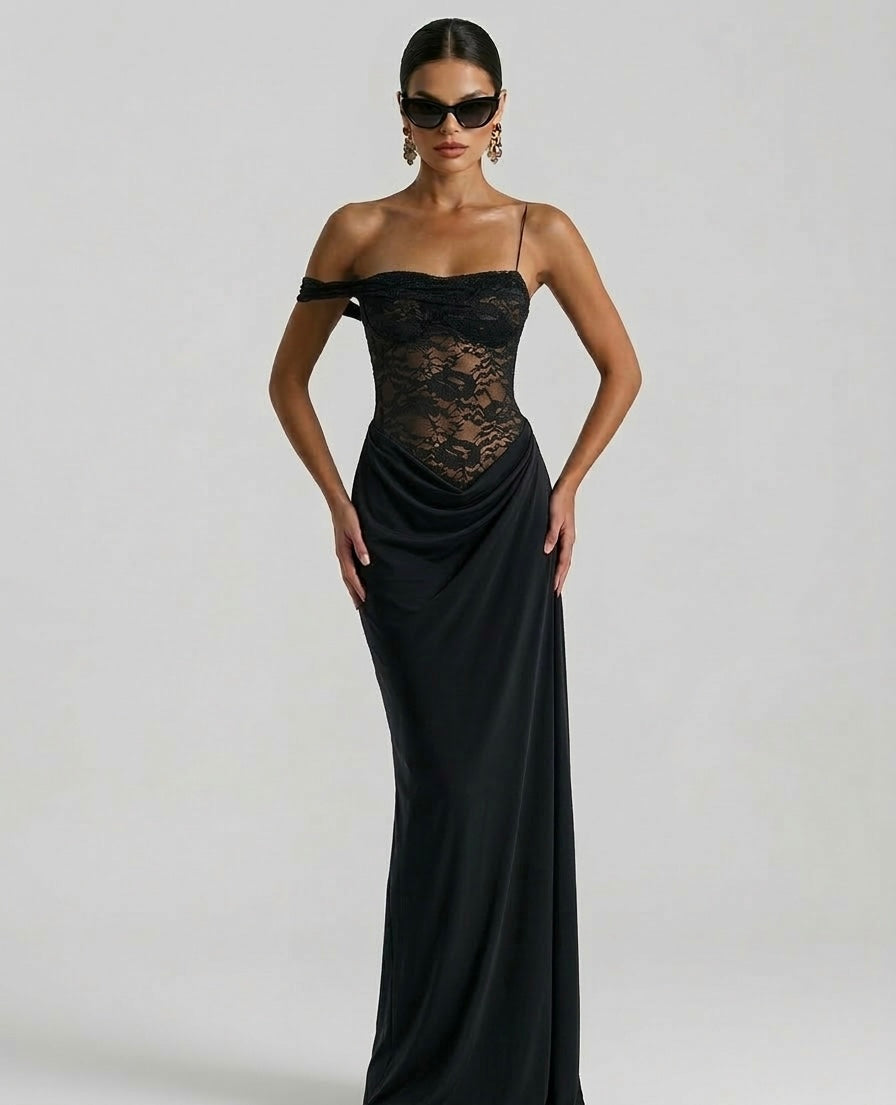 Vestido largo de encaje con un solo hombro