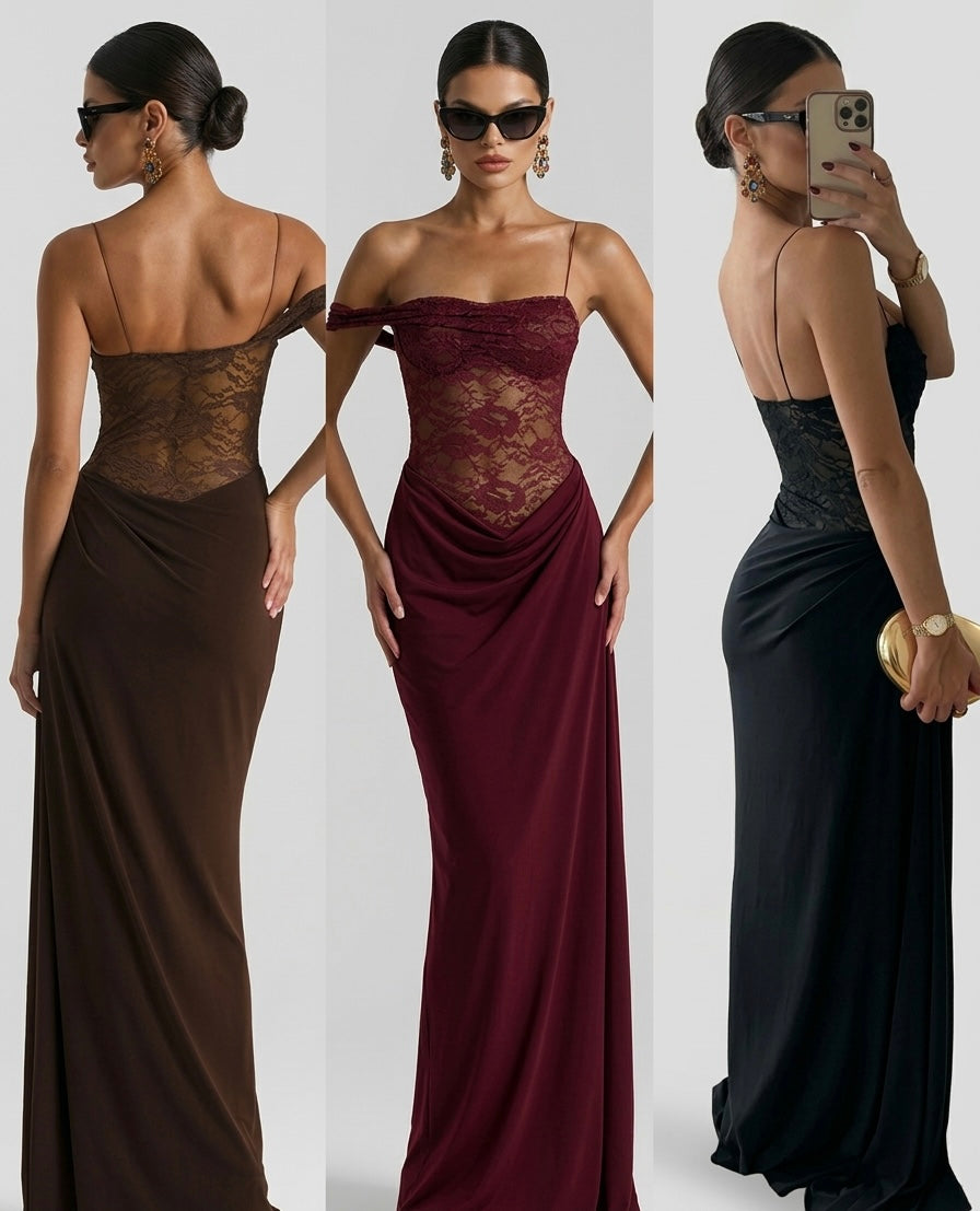 Vestido largo de encaje con un solo hombro