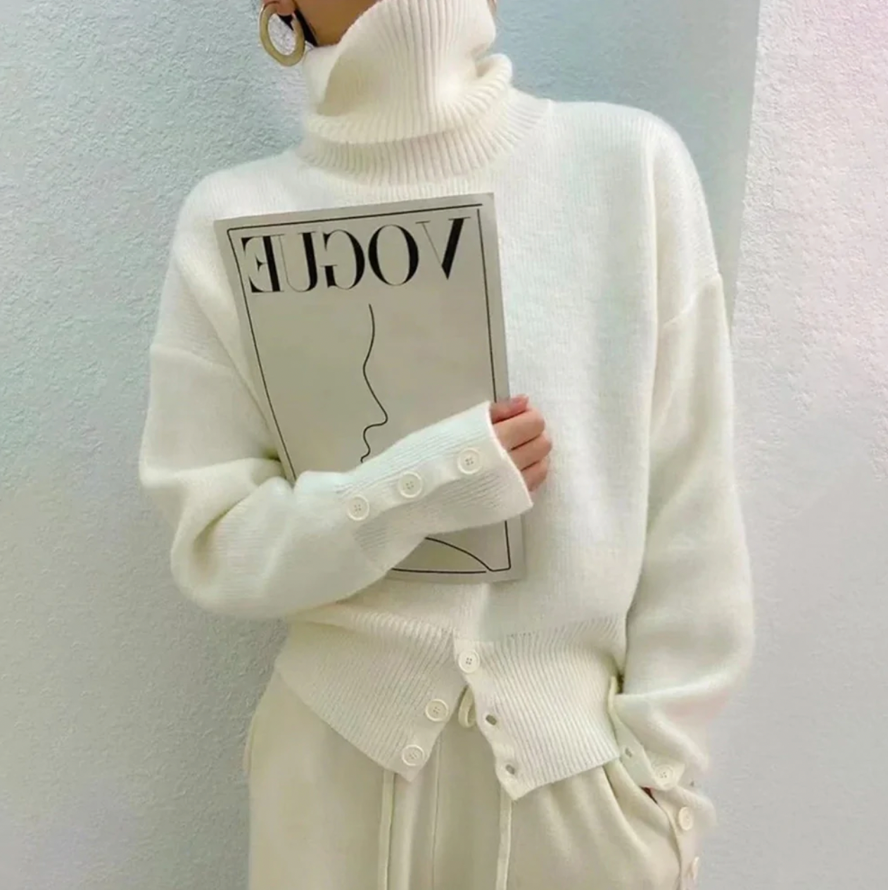 Jersey de cuello alto liso marfil