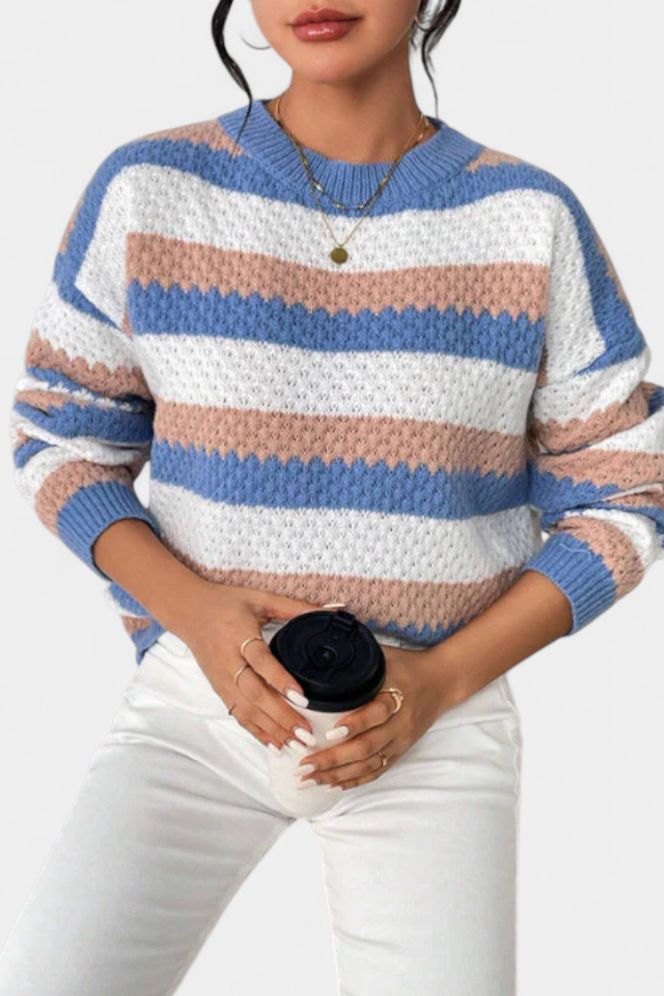 Kristen Jersey Oversized de Cuello Redondo a Rayas