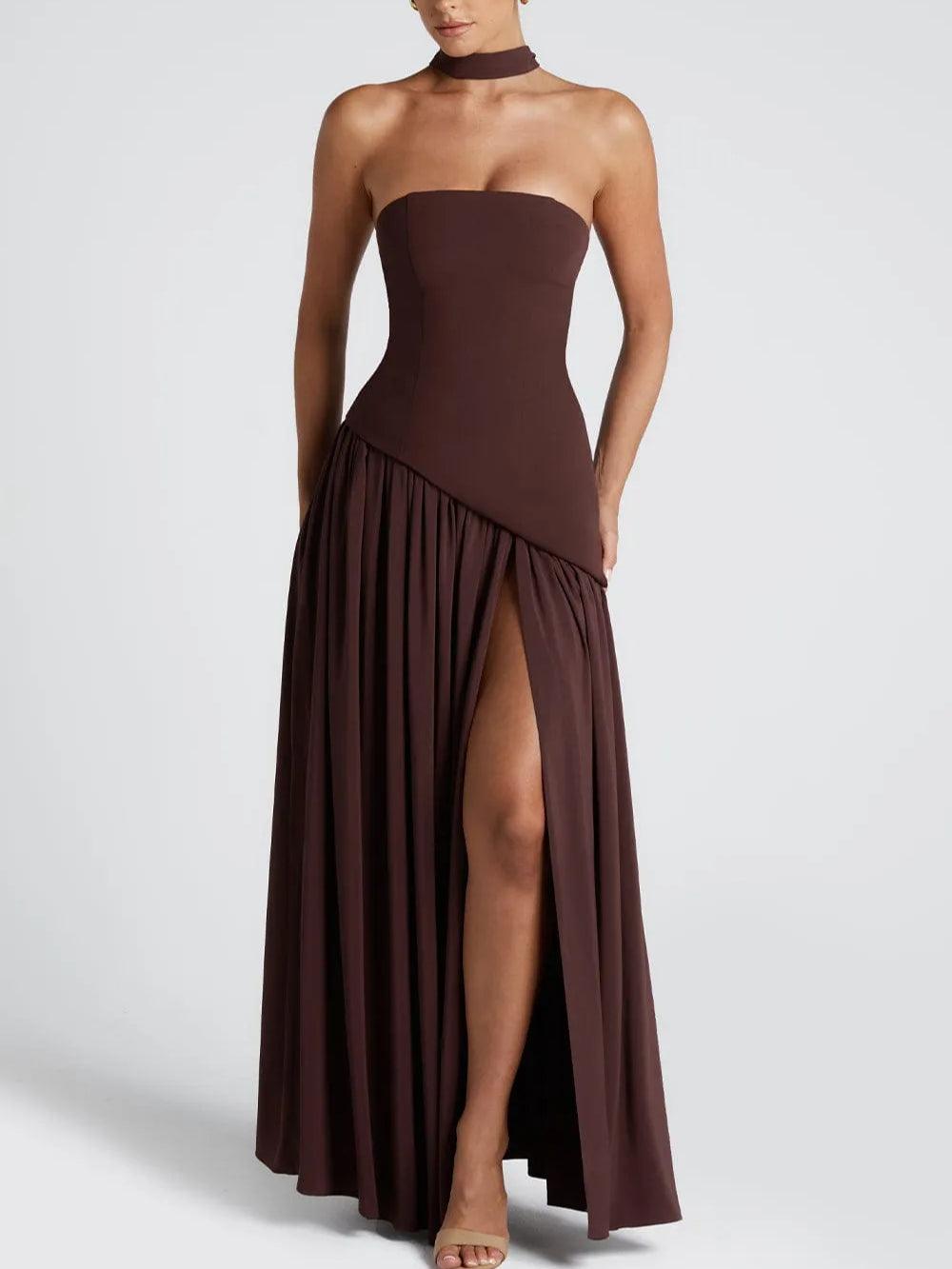Vestido Maxi Sin Tirantes con Abertura y Cinta