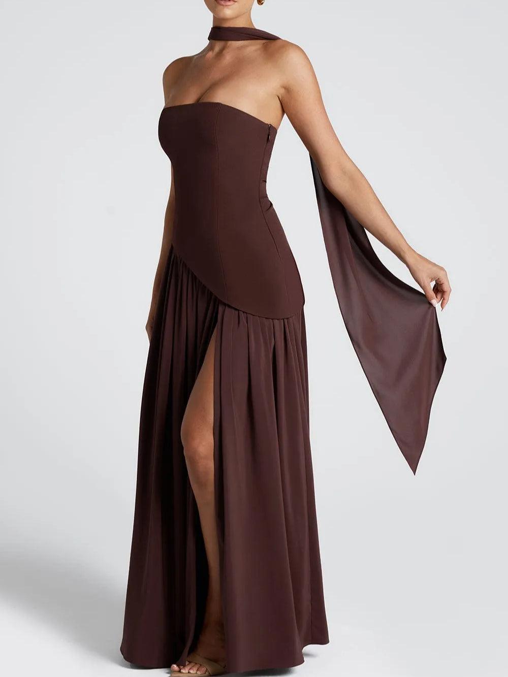Vestido Maxi Sin Tirantes con Abertura y Cinta