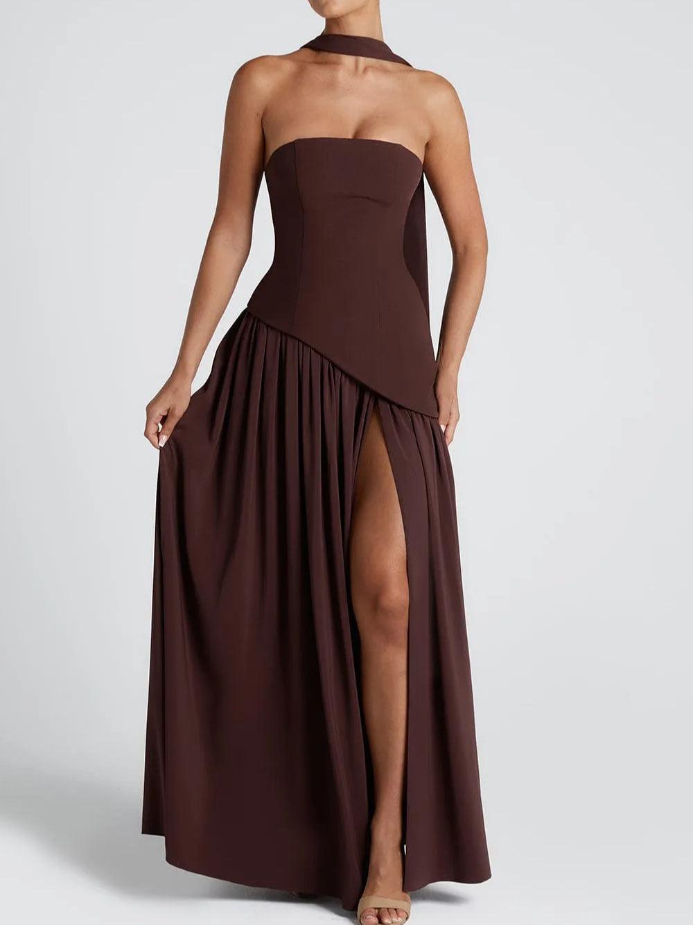 Vestido Maxi Sin Tirantes con Abertura y Cinta