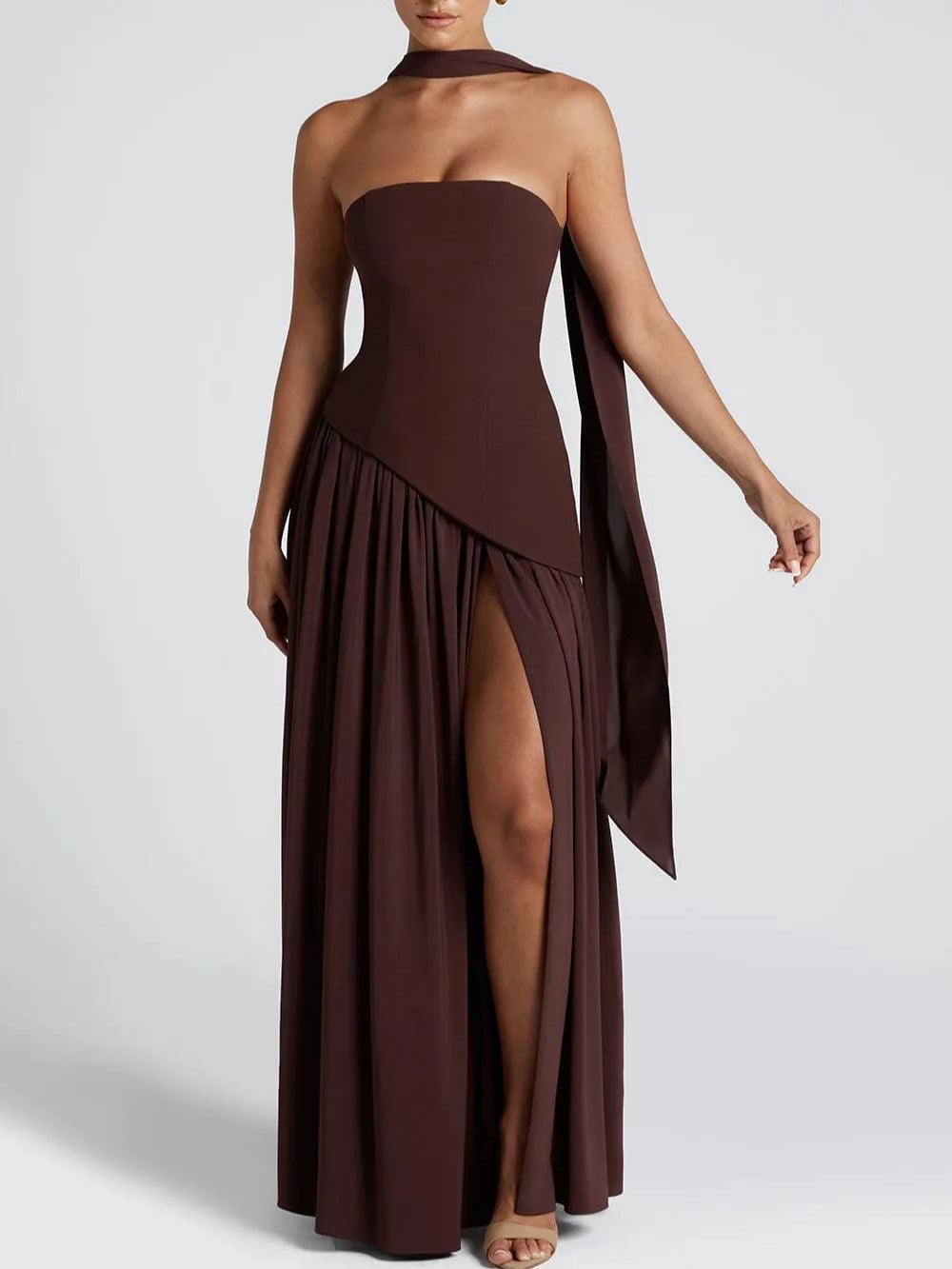 Vestido Maxi Sin Tirantes con Abertura y Cinta