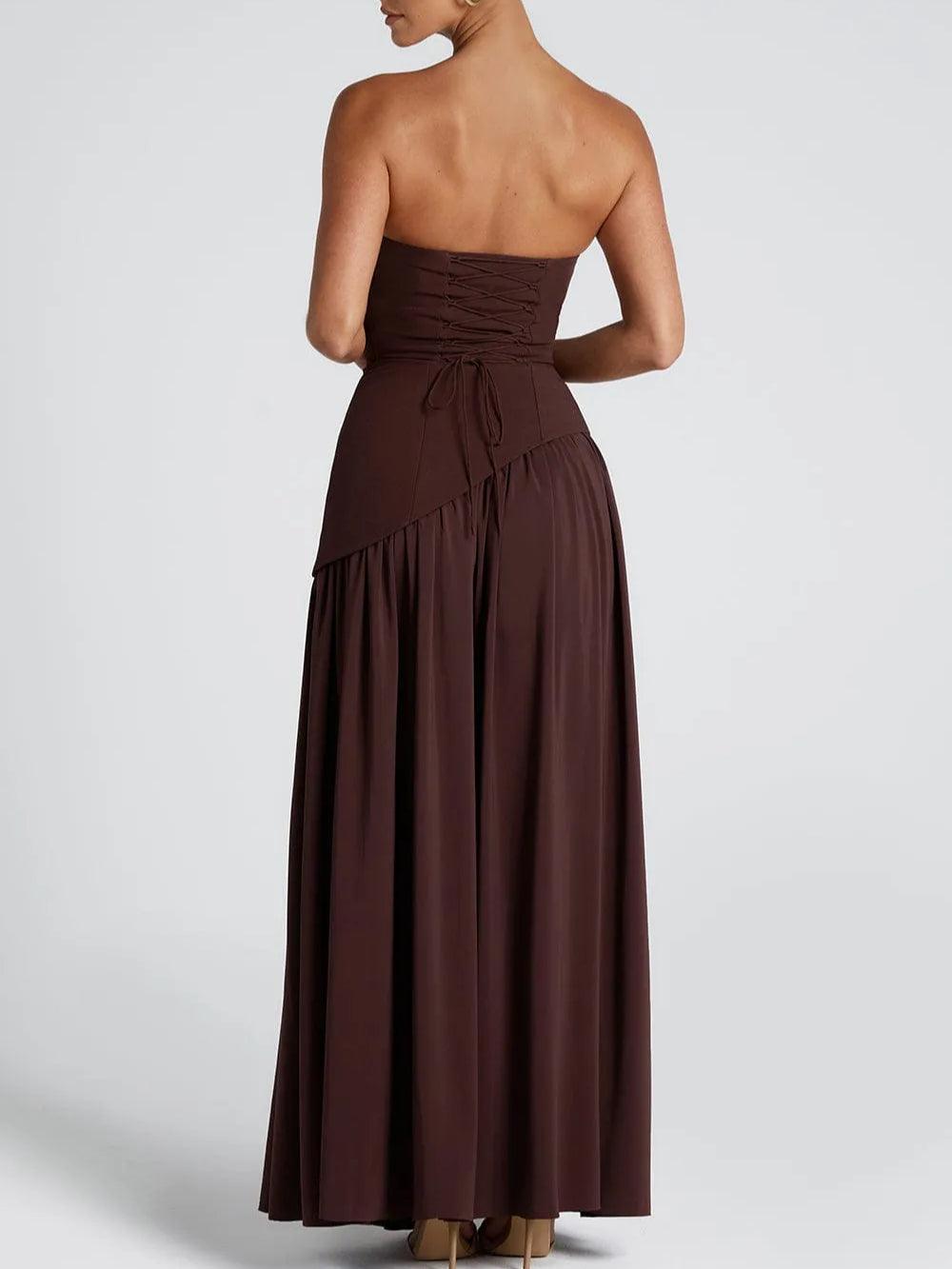Vestido Maxi Sin Tirantes con Abertura y Cinta